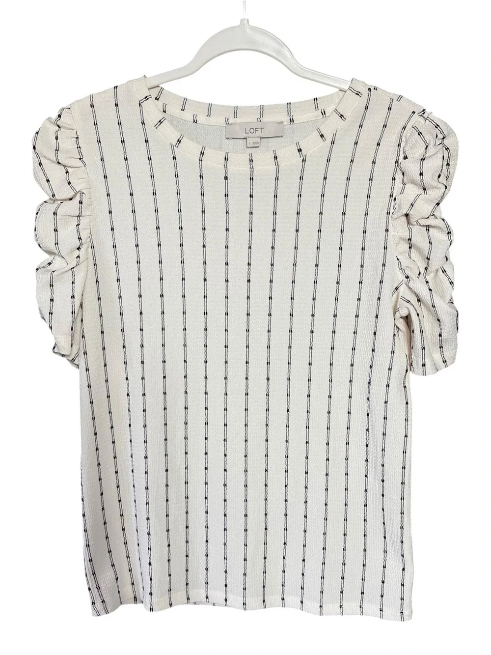 LOFT Ivory Knit Top with Black Pinstripes and Ruffled Sleeves